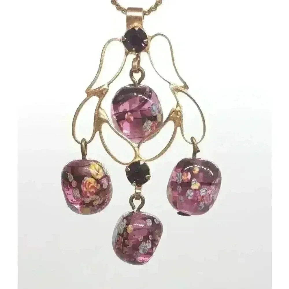 Vintage MCM Japanese Tombo Millefiori Art Glass Bead Necklace 14k Gold Plate - Picture 4 of 10